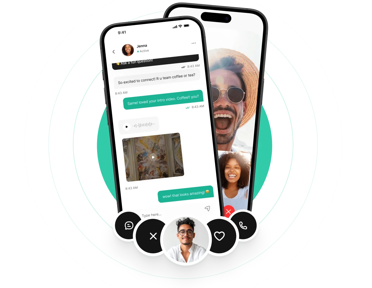 SacredSpark chat and video-call screens